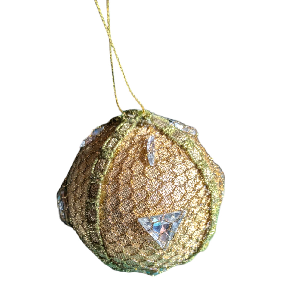 Vintage Artisan Christmas Ornament Shiny Gold Tone & Gems-With Hanging String